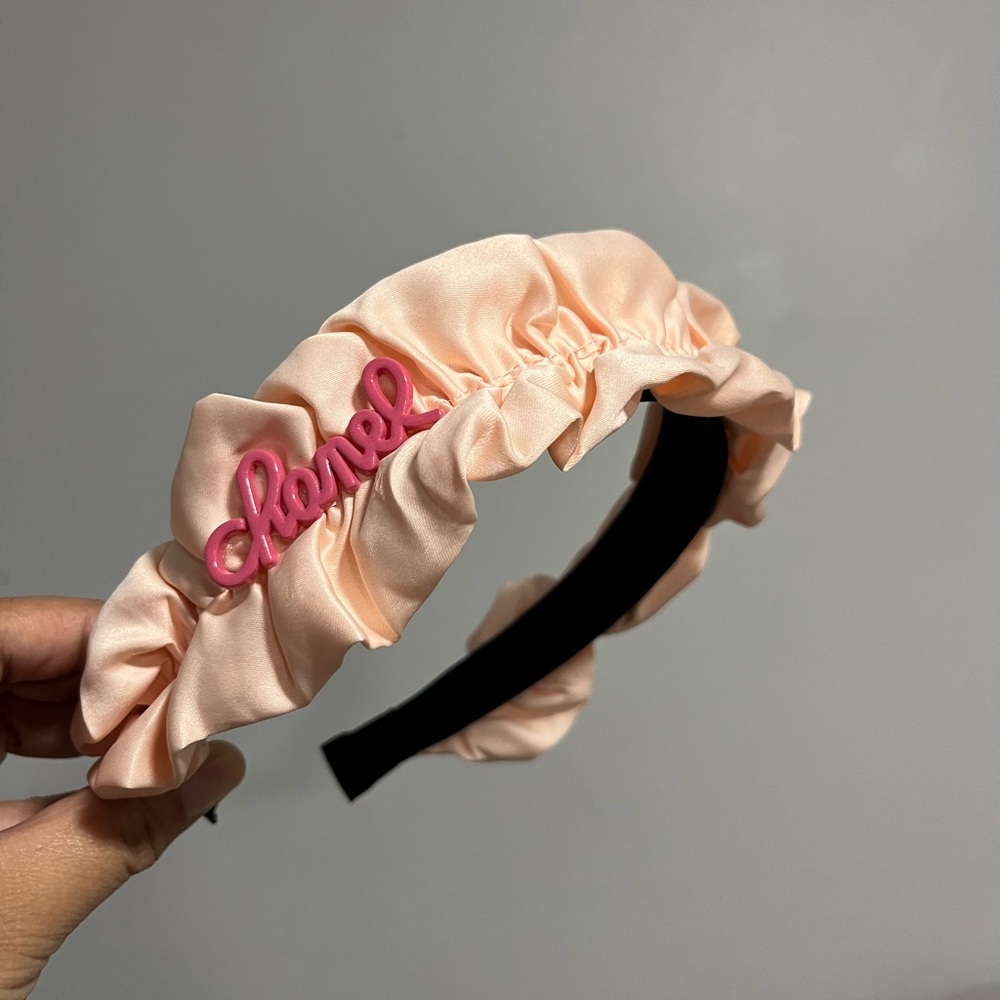 KIDS Peach Satin Headband with Pink Logo